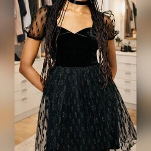 Disturbia Whimsigoth Velvet Black Tulle Dress Size 4 Puff Sleeve Sweetheart Neck